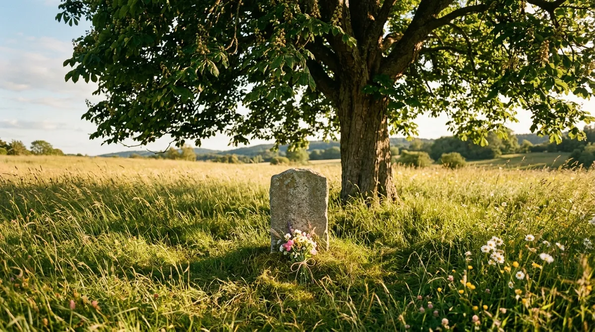 Kamenný pomník pod starým kaštanem na louce